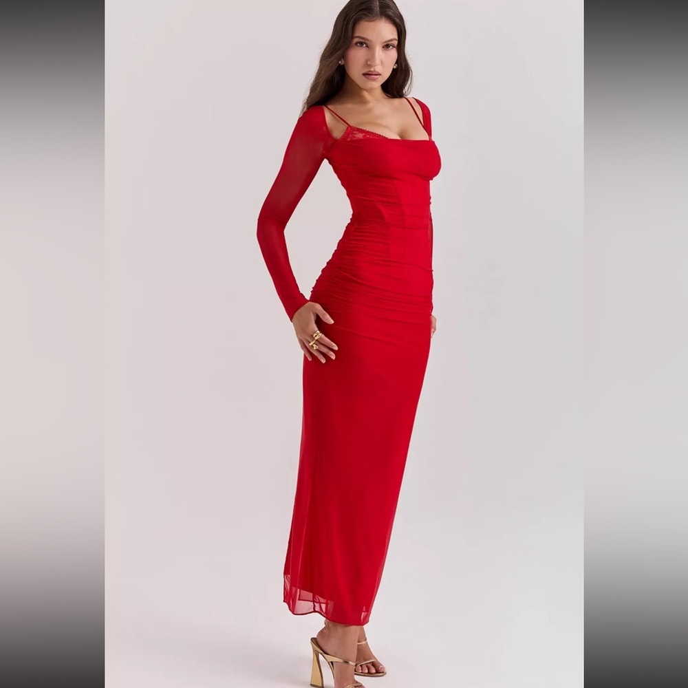 HOUSE OF CB 'Katarina' Scarlet Long Sleeve Maxi Dress/Size XS US 2-4 Plus cup
